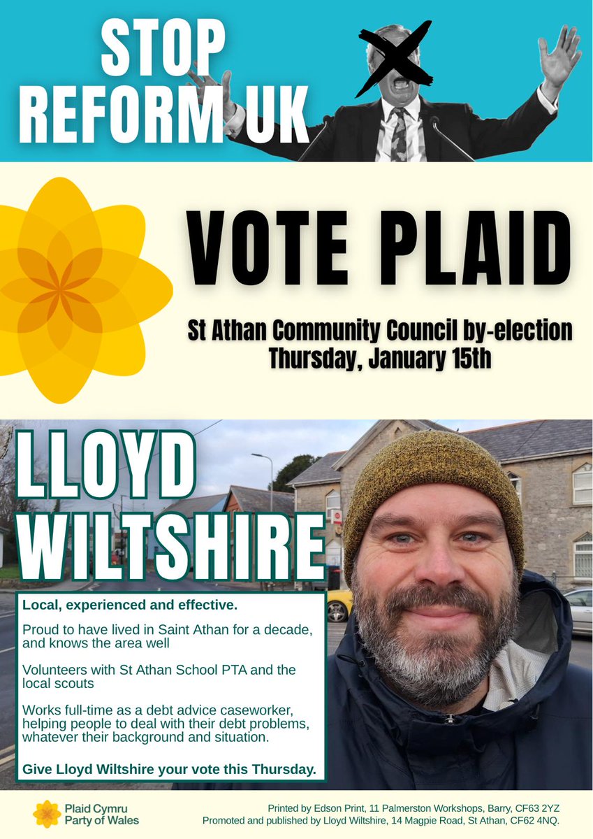 markjhooper's tweet photo. Tomorrow in #StAthan elect @Plaid_Cymru's Lloyd Wiltshire and reject the division of Reform.
Polls open at 7am. https://t.co/2Blkpcv1bc