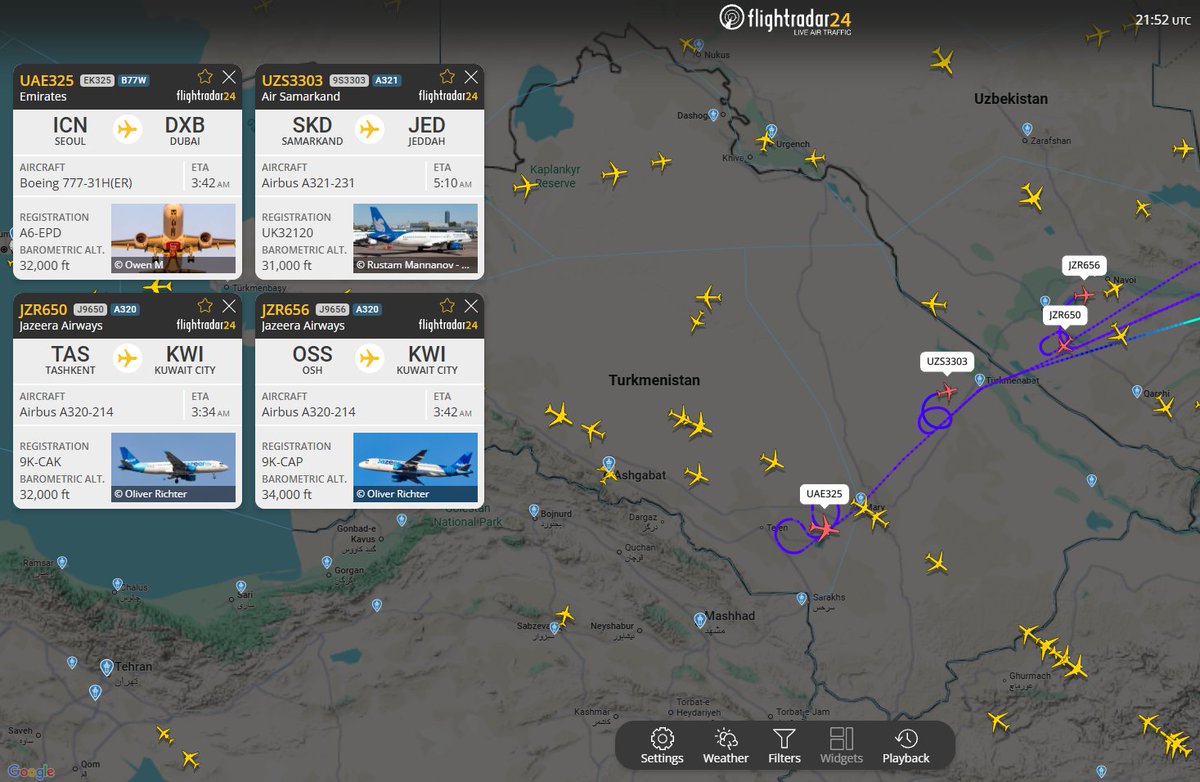 OAlexanderDK's tweet image. Multiple aircraft now turning to avoid Iranian airspace.