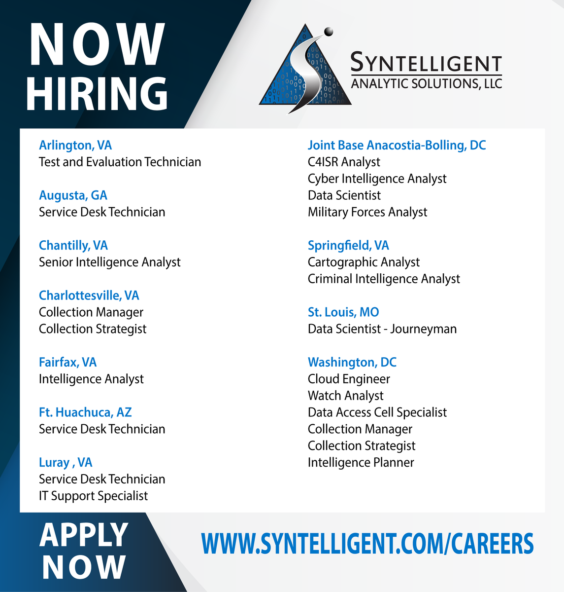 Syntelligent's tweet photo. SYNTELLIGENT HAS THE FOLLOWING JOB OPENINGS!!!
To learn more or to apply now, click here: https://t.co/xH2gQdnQbJ...
#Syntelligent #nowhiring https://t.co/VYEYadvrc0