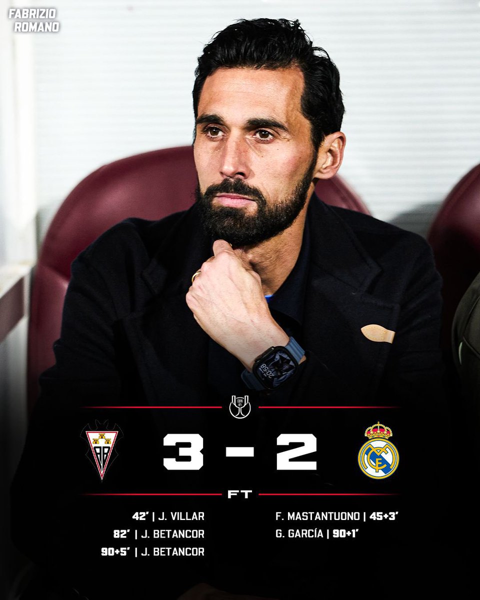 FabrizioRomano's tweet image. 🚨❌ Second division side Albacete beat and eliminate Real Madrid from the Copa del Rey!

Álvaro Arbeloa loses his first game as Real Madrid manager.