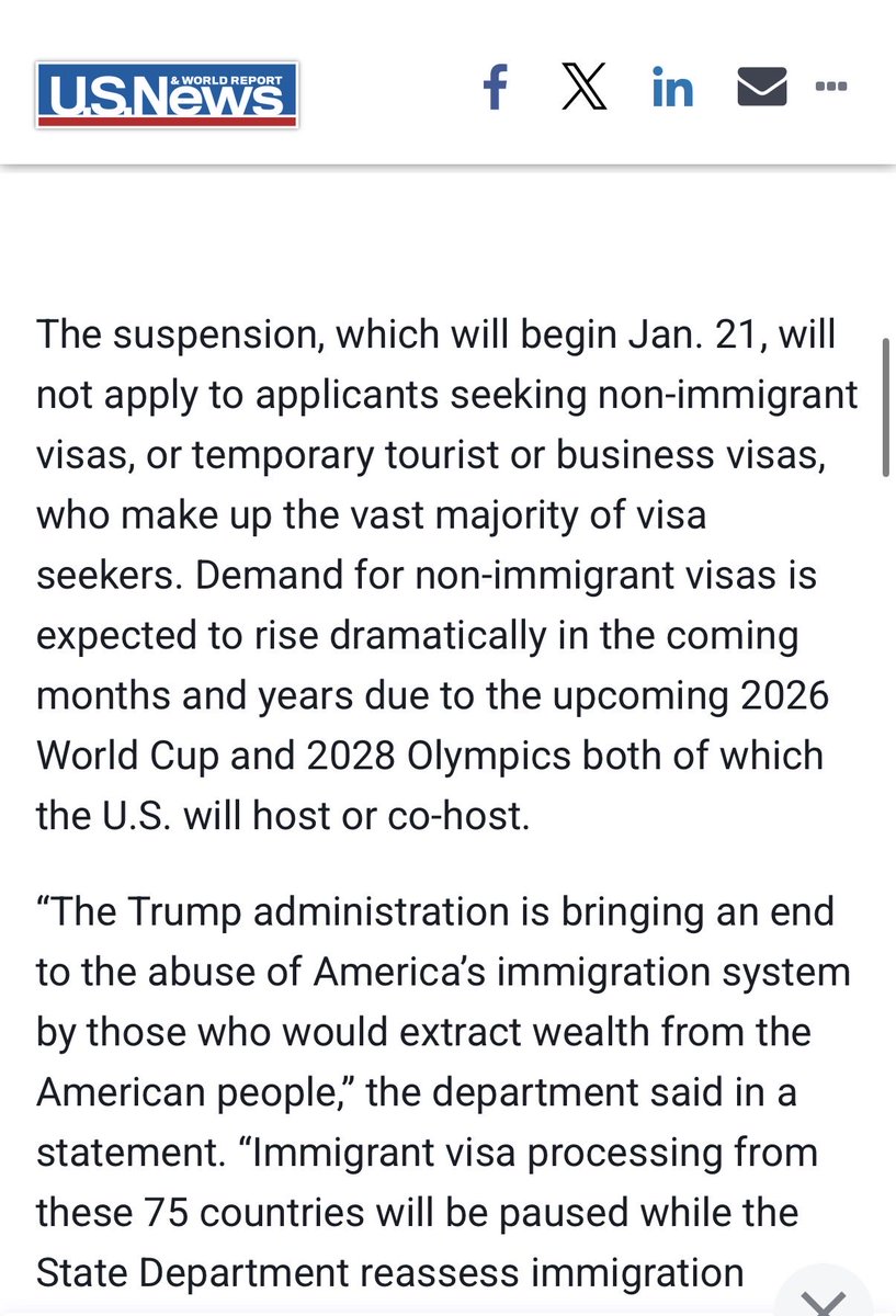World_Cup_Guide's tweet image. Speaking to facts only regarding visa concerns to World Cup fans:

The below mentioned visa freeze on 75 countries is not for tourist visas, which is what people will need for the World Cup (“FIFA PASS” is still valid).

Instead, it is immigrant visas. 

usnews.com/news/politics/…