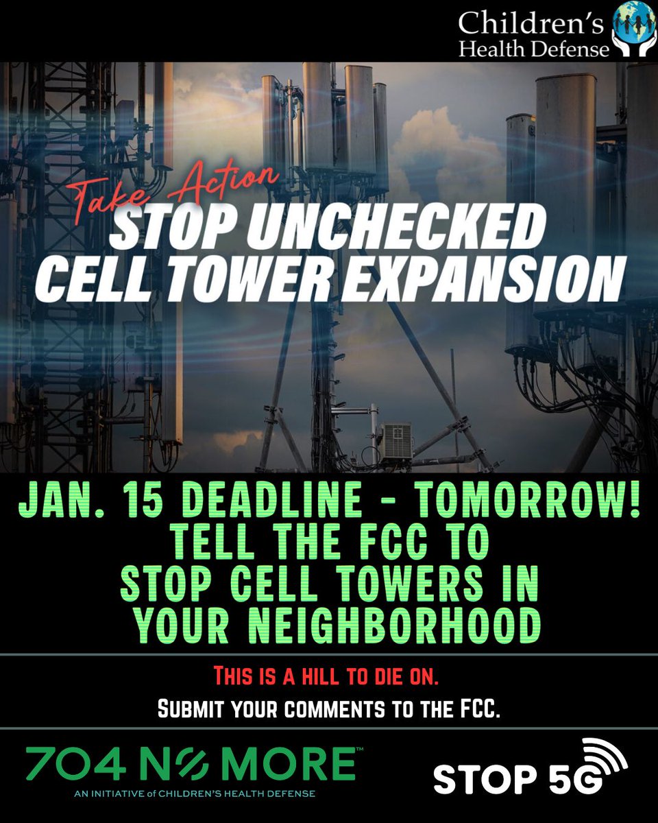 ⚠️ URGENT REMINDER—  ACT NOW⚠️

FCC comment deadline is tomorrow. Comment that you do NOT want cell towers to be placed next to your home and school. 

We need your voice to tell the <a href="/FCC/">FCC</a> to STOP.

You may think this won’t affect you — but if the FCC gets its way, you’ll lose