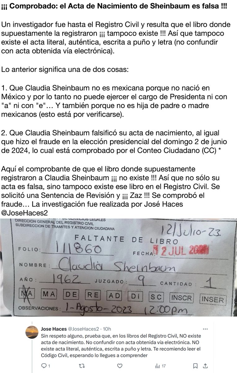 carpetapurpura's tweet image. ¡¡¡ Comprobado: el Acta de Nacimiento de Sheinbaum es falsa !!!

Un investigador fue hasta el Registro Civil y resulta que el libro donde supuestamente la registraron ¡¡¡ tampoco existe !!! Así que tampoco existe el acta literal, auténtica, escrita a puño y letra (no confundir…