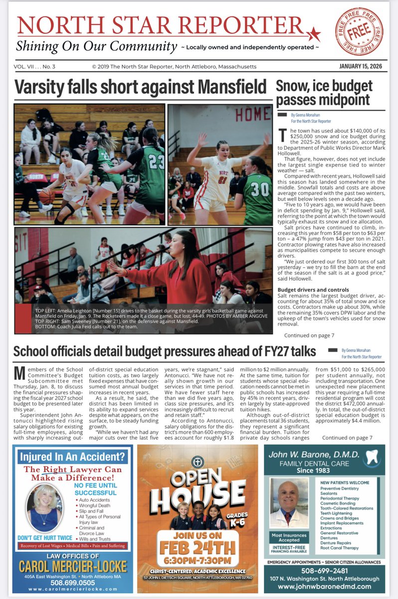 NStarReporter's tweet image. Be sure to check out this week’s Reporter! We’ve got news on the town’s snow and ice spending, the budget issues facing the schools, and the town’s plans for 2026. 
#localnews #LocalNewsMatters #northattleboro  #NorthAttleborough