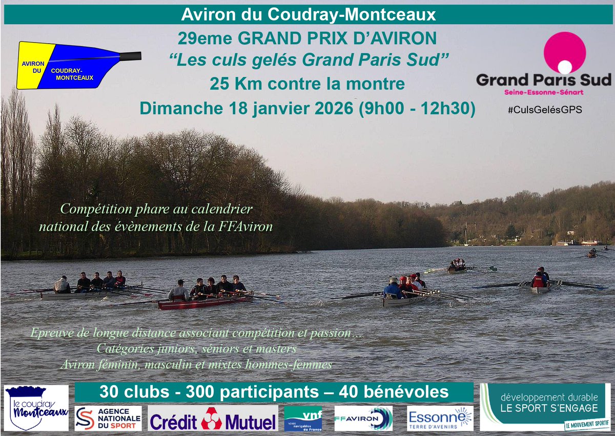 CDEssonne's tweet image. 🥶 Les Culs gelés sont de retour pour une 29ᵉ édition !

💪❄️ Un contre-la-montre en aviron au Coudray-Montceaux, pensé pour celles et ceux qui aiment repousser leurs limites.
Partagez ce moment unique le 18 janvier; mise à l’eau dès 9h00 !

ℹ️ bit.ly/4pCTTjS