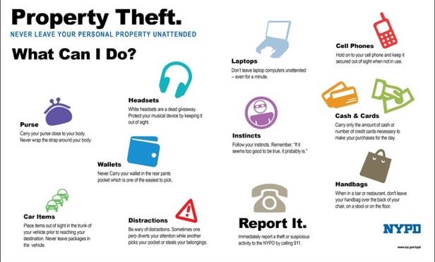 Keep your friends close but keep your property closer!

That unattended purse or laptop are exactly what thieves are looking for whether you’re at the grocery store or in a coffee shop.

Here are some tips from our Crime Prevention Officer on safeguarding your valuables!