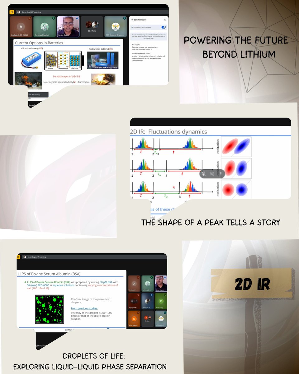 iiserb_ACS's tweet image. Better late than never—revisiting the talk that kicked off ACS Bench to Beyond.
In October, Dr.SayanBagchi (CSIR–NCL) explored ultrafast molecular dynamics with 2D IR, from protein LLPS to electrolyte design beyond lithium.
More highlights soon.
#ACSBenchToBeyond #2DIR #Ultrafast