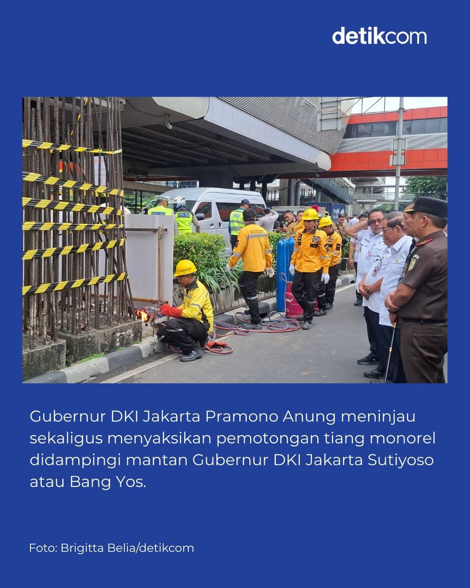 detikfinance's tweet image. Gubernur DKI Jakarta Pramono Anung menyaksikan langsung pemotongan tiang monorel mangkrak di Jalan HR Rasuna Said, Jakarta Selatan. Pramono didampingi mantan Gubernur DKI Jakarta Sutiyoso (Bang Yos) serta jajaran Pemprov DKI.

#detikcom #pramonoanung #tiangmonorel #rasunasaid