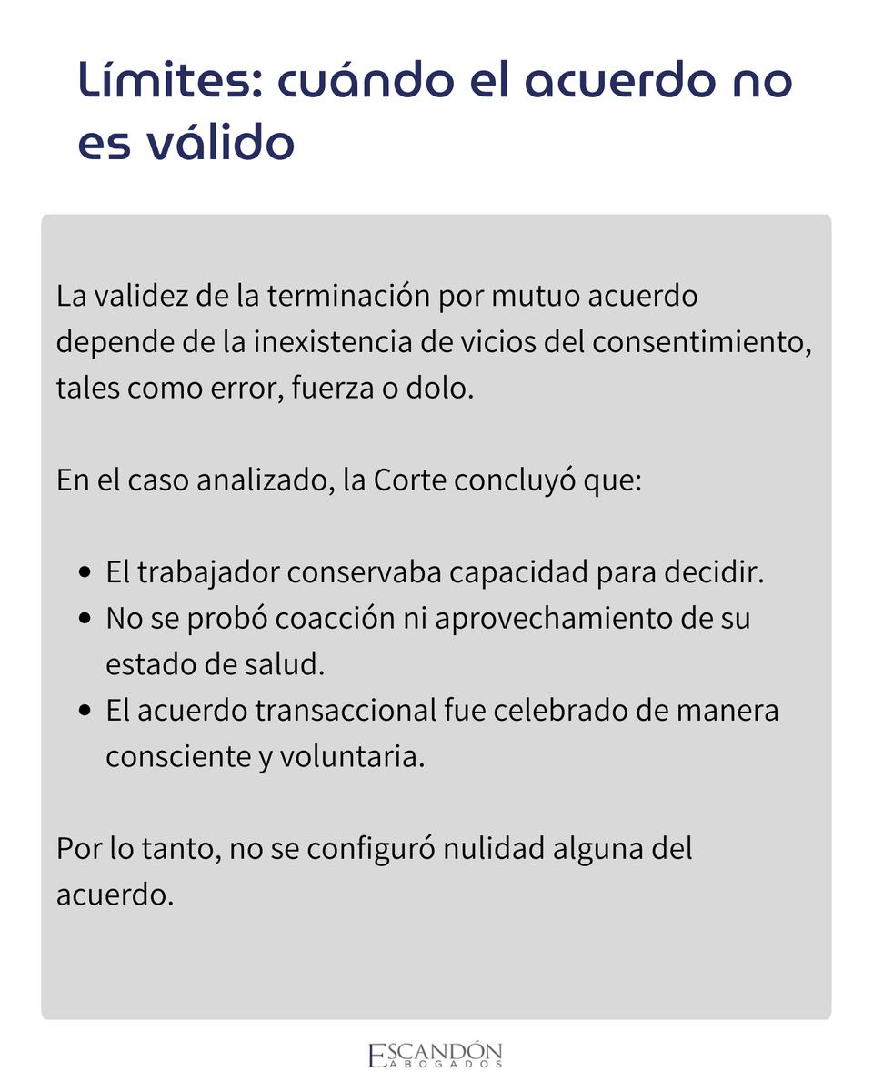 EscandonLaboral's tweet photo. La Corte Suprema reiteró que la terminación del contrato por mutuo acuerdo es válida, incluso si se discute estabilidad laboral reforzada.
Sentencia SL-2303 de 2025.
Más temas laborales actuales en: https://t.co/Yw0WVCW5Gp https://t.co/V0n3w8mvEB