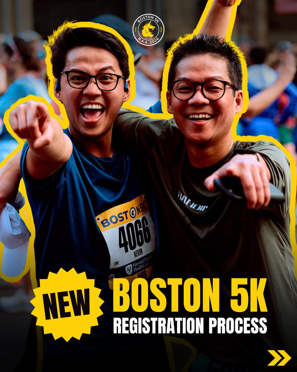 BAA's tweet image. 🚨NEW FOR 2026🚨 Registration for the 2026 #Boston5K will occur over 4️⃣ DAYS in January, featuring a 🆕 random selection process.

Registration for the event will open on Monday, January 26 @ 10AM ET, and will close on Thursday, January 29 @ 5PM ET.🦄

🔗 baa.org/races/boston-5…