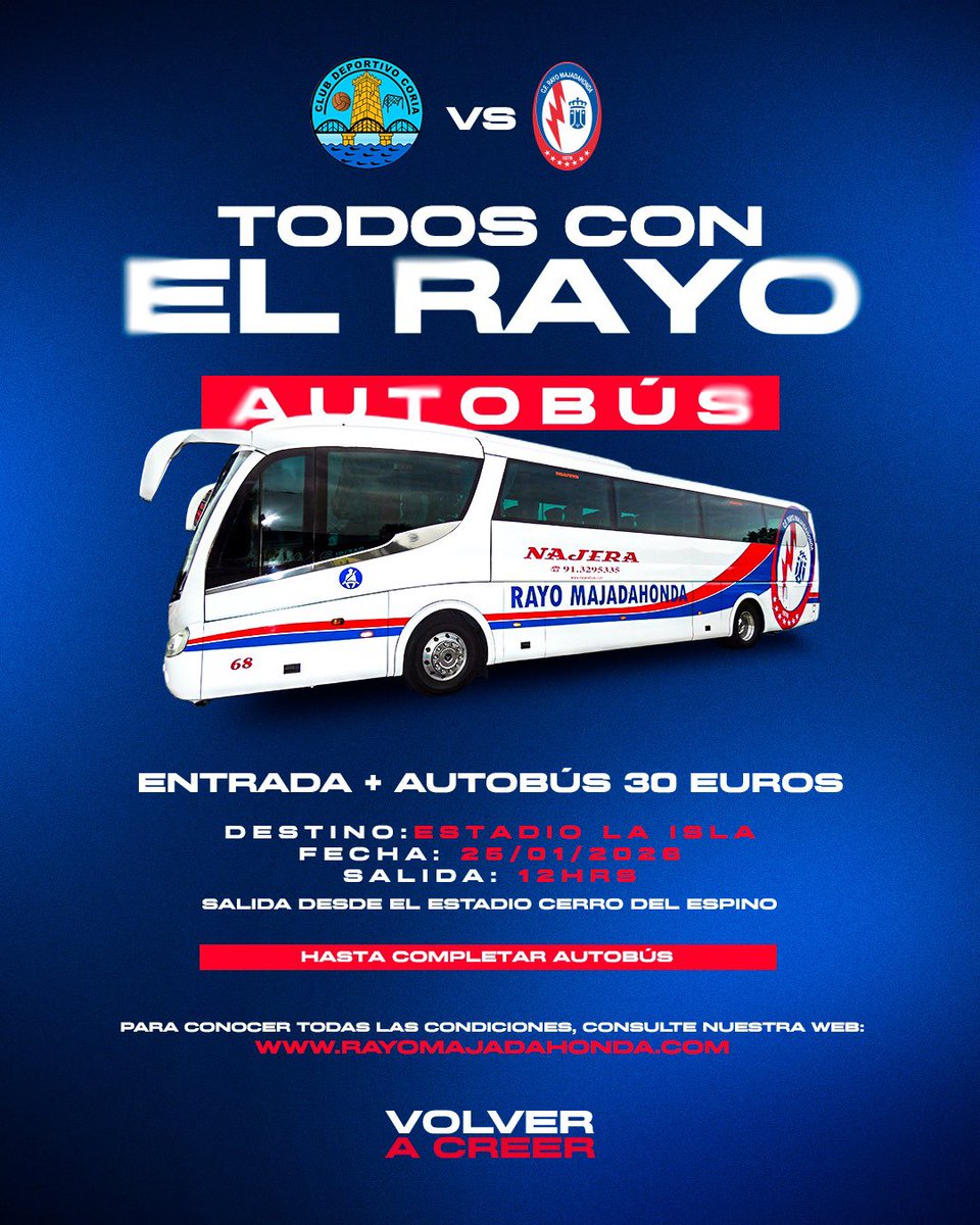 🏟 ¡Nos vamos a Coria!

Acompaña al equipo 🆚 <a href="/CDCORIA/">Club Deportivo Coria</a>  el próximo domingo 25 de enero y vive la emoción en directo.

🚌 Entrada + autobús: 30€
👉 El club financia parte del viaje.

⚠️ Plazas limitadas: reserva ya tu entrada y tu plaza de autobús
(hasta completar el aforo)

🗣
