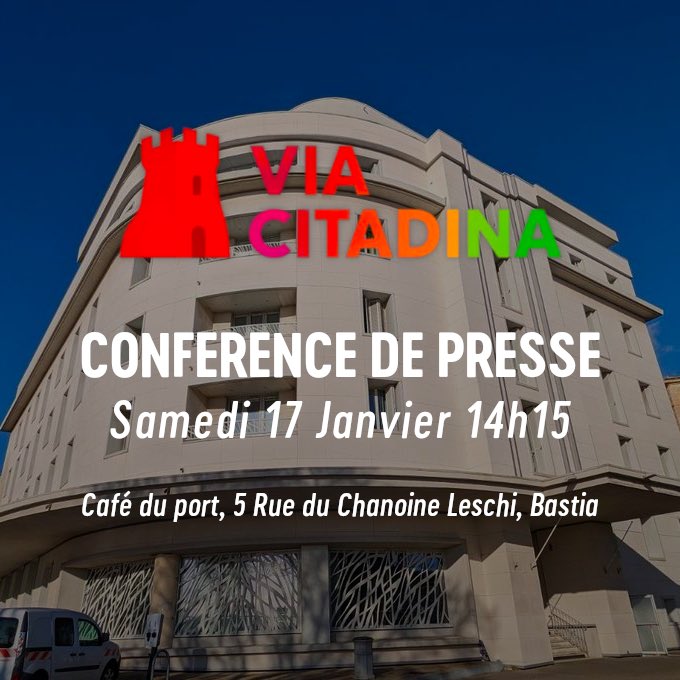 📣 Conférence de presse

🗓 Samedi 17 janvier – 14h15
📍 Café du Port, Bastia

Via Citadina présente « Una via per Bastia » : la tête de liste et les premiers colistiers.

Une démarche citoyenne et collective, pour défendre l’avenir de Bastia.

Venez nombreux !