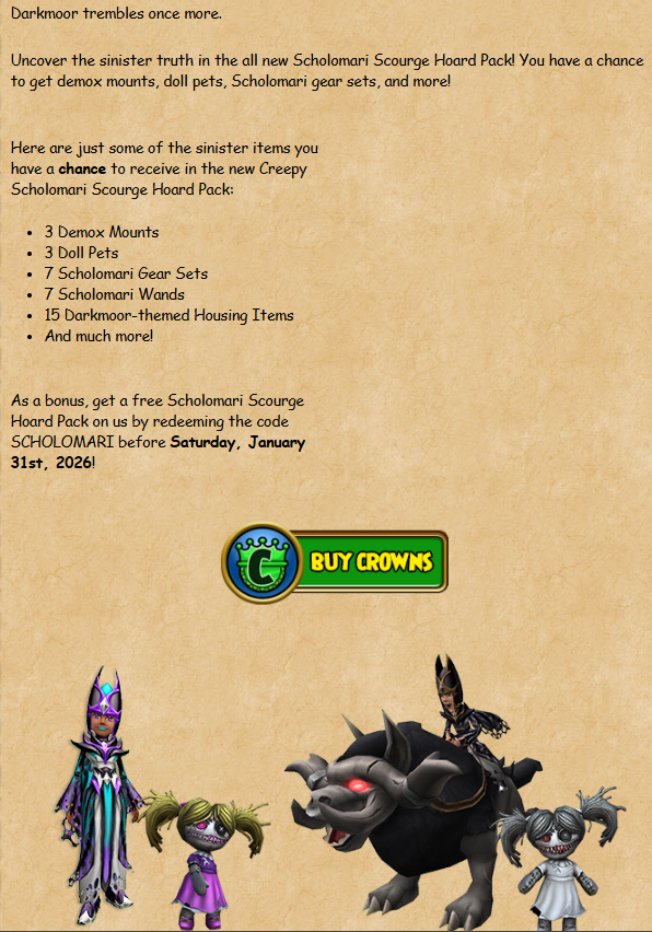Use the code "SCHOLOMARI" for a free Scholomari Scourge Hoard Pack!!! #Wizard101