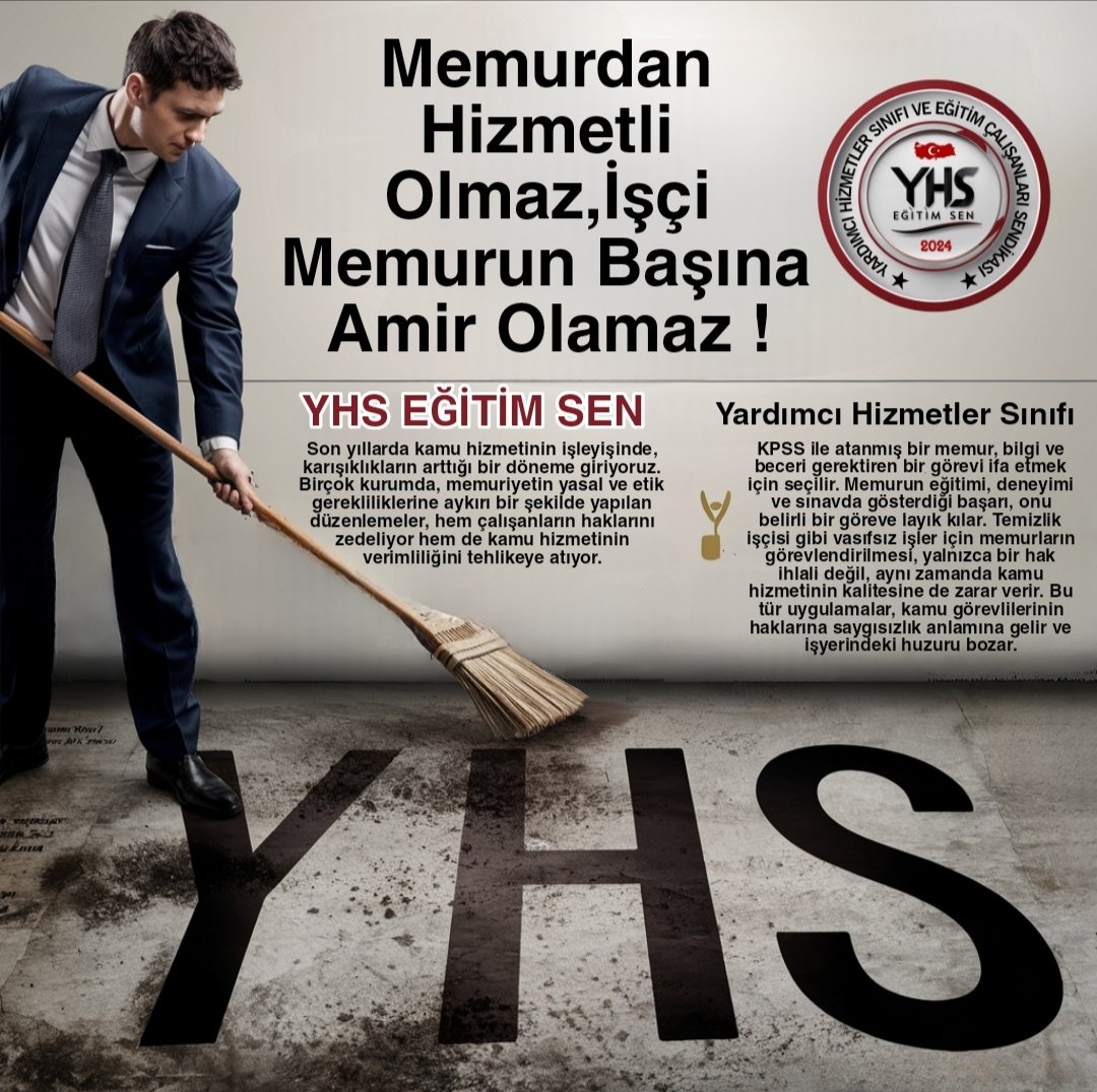 Memurdan hizmetli olmaz,işçi memurun başına amir olamaz!
KPSS ile atanmış,bilgi ve liyakat sahibi memurlar angaryaya mahkûm edilemez
Bu bir düzen sorunudur
YHS kaldırılmalı, çalışanlar Genel İdari ve Teknik Hizmetler sınıfına geçirilmelidir
#YardımcıHizmetlerSınıfı
#YhsEğitimSen