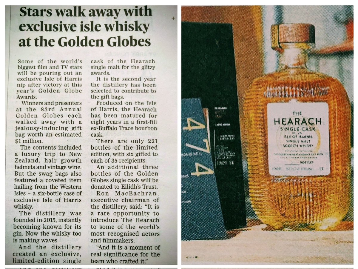 whiskygirl6's tweet image. Today's read in local📰
👏to #Harris #Distillery from Hebridean isle of #Harris. Who wouldn't want x6🧴of this delicious lightly peated #Scotch #Whisky🥃in your exclusive goodie bag 🛍️Lucky #Hollywood #Stars Great achievement for @Harrisdistillers supplying #Goldenglobes #Awards