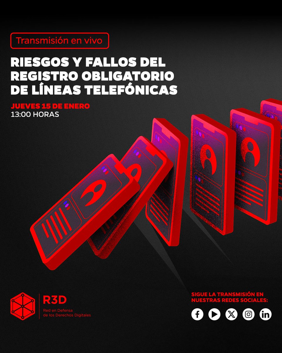 ¡ES MAÑANA! Conéctate al streaming en vivo y resuelve tus dudas sobre el registro obligatorio de líneas telefónicas. 

Hablaremos del proceso que viene, lo riesgos y los incidentes ocurridos a tan solo unos días de empezar las acciones. 

📅 15 de enero
🕐 1pm
¡Te esperamos!
