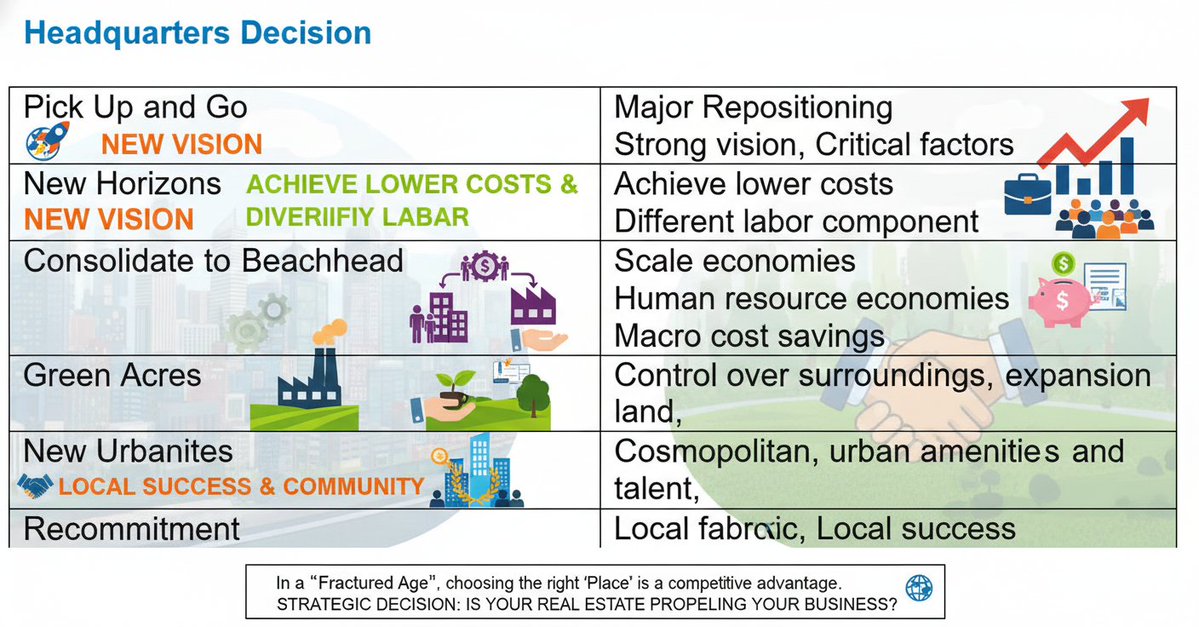 Why do companies move? It is rarely just about the rent—it is a Strategic Decision. 🏢🚀

As shown in our "Headquarters Decision" framework, a move usually falls into one of these six strategic categories:

🔹 Pick Up and Go: A major repositioning driven by a new vision. 🔹 New