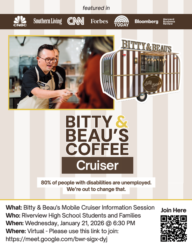 RiverviewSD_'s tweet image. ☕💙 Did you know 80% of people with disabilities are unemployed? Bitty &amp;amp; Beau’s is working to change that!

Join our Bitty &amp;amp; Beau’s Coffee Cruiser Info Session
📅 Wed., Jan. 21, 2026 | ⏰ 6:30 PM
💻 Virtual: meet.google.com/bwr-sigx-dyj

Open to students, families &amp;amp; community!