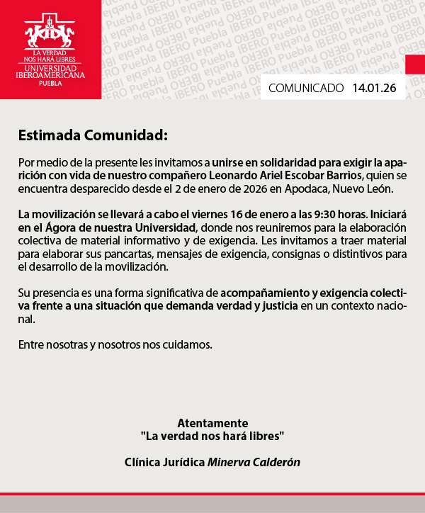 IberoPuebla's tweet image. Invitamos a la comunidad IBERO Puebla a unirse en solidaridad para exigir la aparición con vida de nuestro compañero Leonardo Escobar, desaparecido desde el 2 de enero.