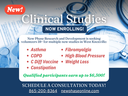 New Year! New studies! We're seeking volunteers 18+ for NEW clinical studies!

💰Qualified participants earn up to $6,300!
📲Call 865-200-8364 or visit newphaseonline.com

👉Spots are limited, apply today!

#ClinicalStudy #NewYear #volunteer #research #Knoxville #getpaid