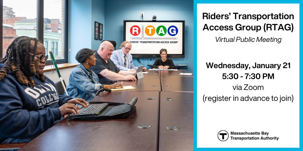 MBTA's tweet photo. The Riders’ Transportation Access Group (RTAG) is a customer organization that helps improve #TAccess. Join RTAG and the MBTA for a virtual meeting on issues affecting seniors and people with disabilities.
🗓️Wednesday, January 21
⏰5:30 - 7:30 PM
💻Zoom
ℹ️https://t.co/Bi19YpTbue https://t.co/lkyyJkj1vj