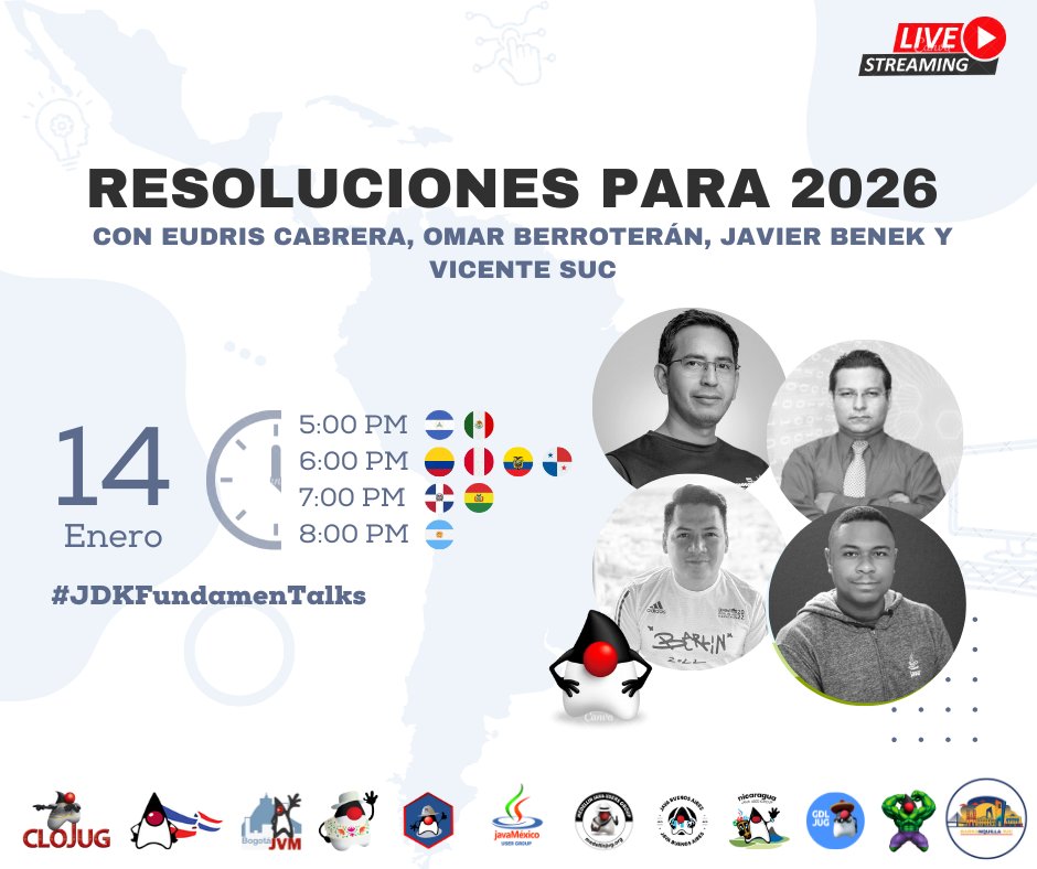 javierbenek's tweet photo. Hoy vamos a estar charlando @eudriscabrera, @berroteranlkf, @vicentex360 y yo sobre lo que se viene en 2026 en el ecosistema Java:

"Resoluciones para 2026"
🔴 5 pm por YouTube
https://t.co/XrLuNijCVI

#JDKFundamenTalks https://t.co/mdtBV9UcBL