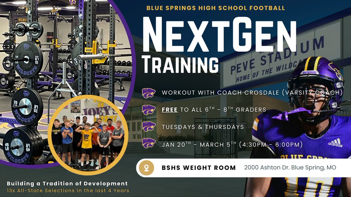 bshsfootball's tweet image. Who's NEXT?

NextGen Training for all 6th - 8th Graders
Tuesdays &amp;amp; Thursdays - (Jan 20th - March 5th)
4:30pm - 6:00pm 
Cost: FREE

Contact marcuscrosdale@gmail.com/ @CoachMCrosdale for more information. 

It's an exciting time to be a Wildcat!!!!