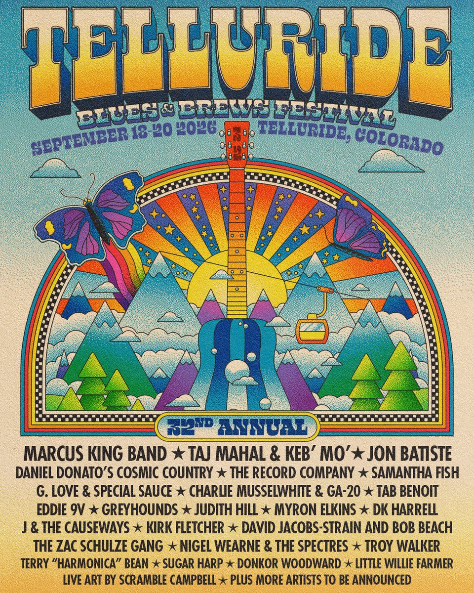 The 2026 Telluride Blues &amp; Brews Festival lineup is here! Join us Sept 18–20 along with Marcus King Band,, Taj Mahal &amp; Keb’ Mo’, Jon Batiste and many more! 3-Day Passes are on sale! Single Day tickets go live March 18 along with the schedule and additional artist announcements.