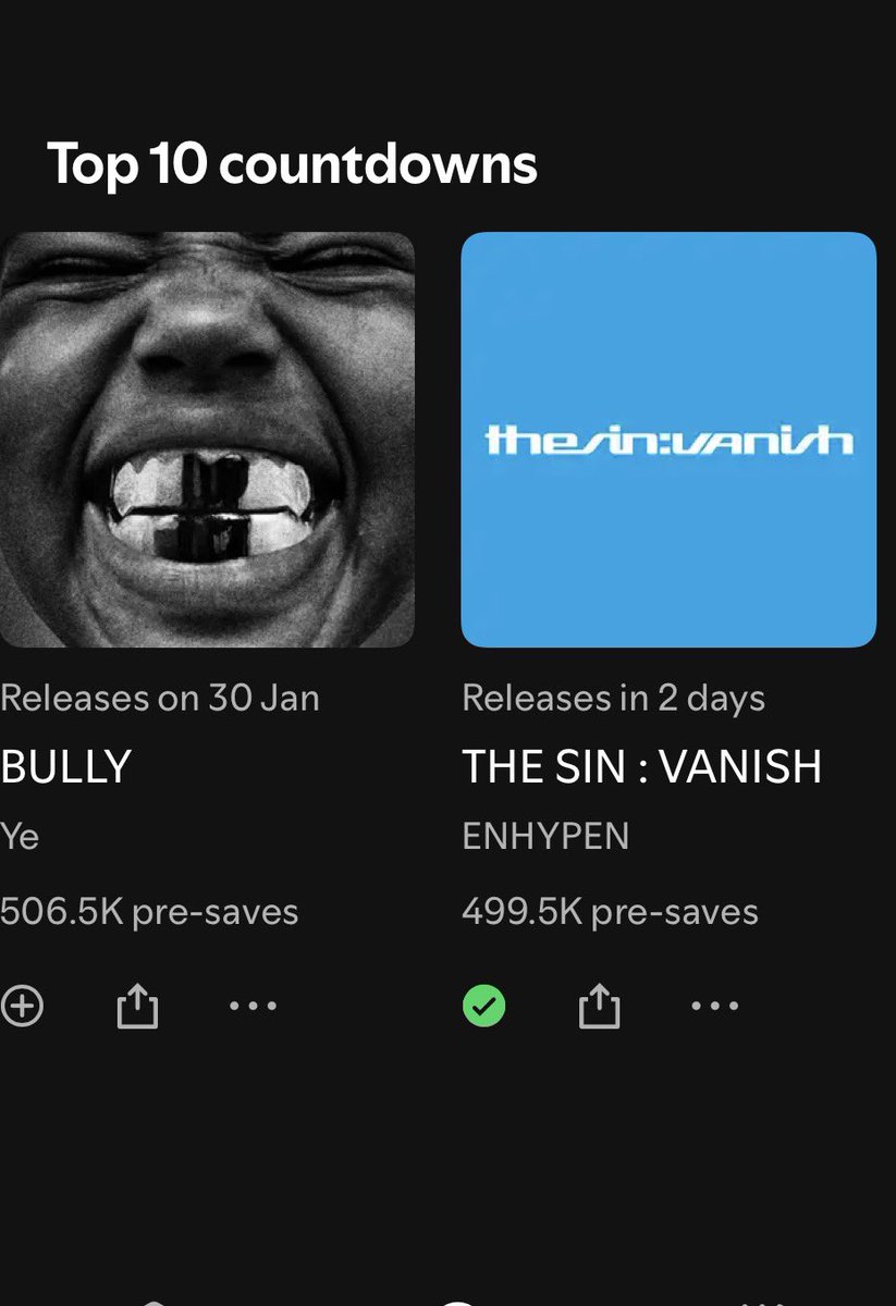 Enhagyy's tweet image. #ENHYPEN's 'THE SIN : VANISH' debuts at #7 on this week’s Spotify Top 10 Countdown Charts Global with 499K pre-saves. 

Please keep sharing the link! Pre-saving shows that the album is in high demand which helps with playlisting upon release.

[🔗: open.spotify.com/prerelease/0R4…]