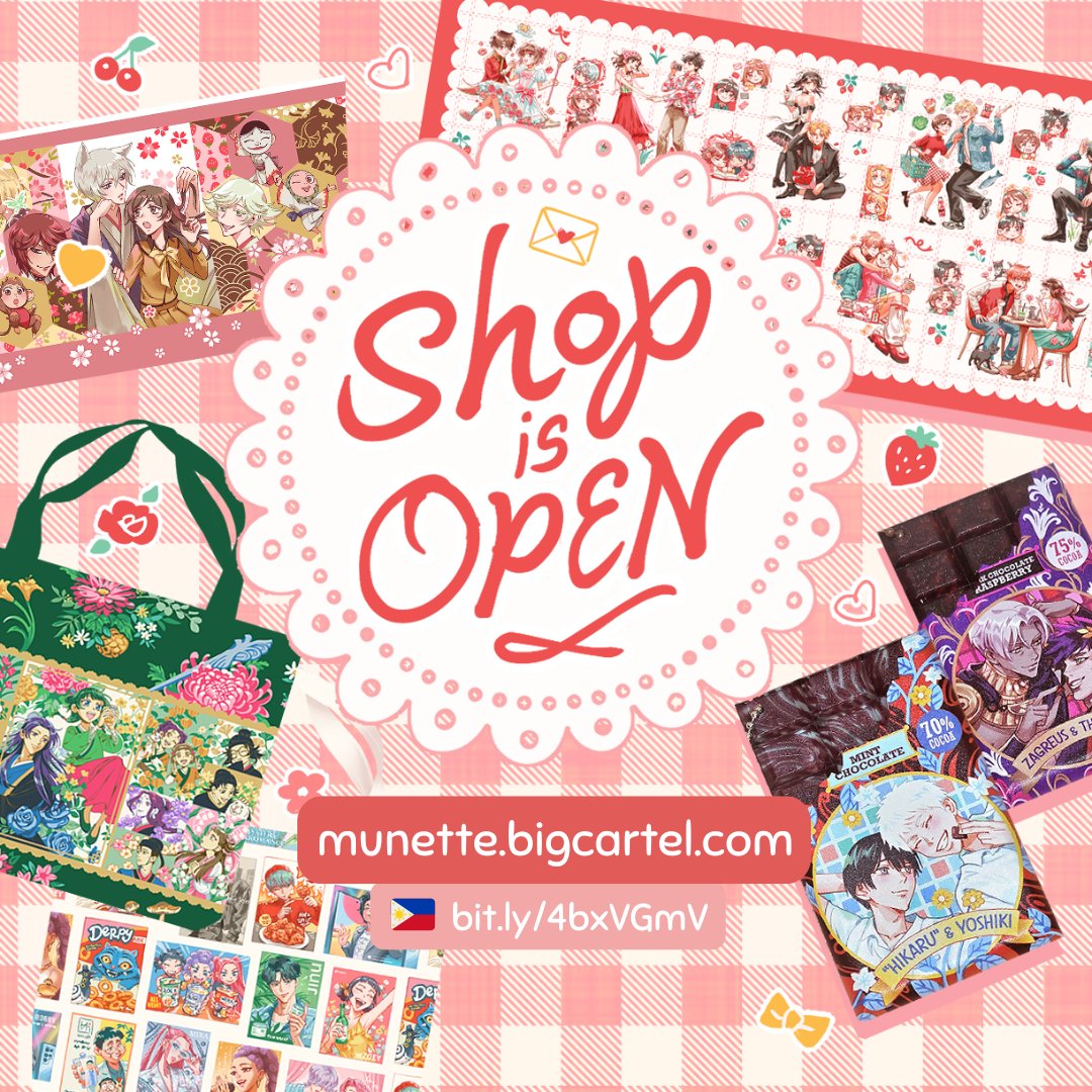 munette's tweet image. Shop is OPEN!! 🌸 new prints and the chocolate charms are here! Also offering 15% off for orders $35 and up, just use code 15MUNETTE 🫶

🍓 munette.bigcartel.com
🇵🇭 bit.ly/4bxVGmV