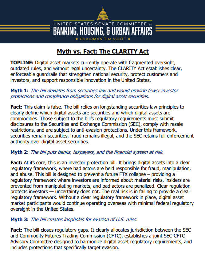 美国参议院银行委员会澄清CLARITY法案误解，强调投资者保护及合规加密创新