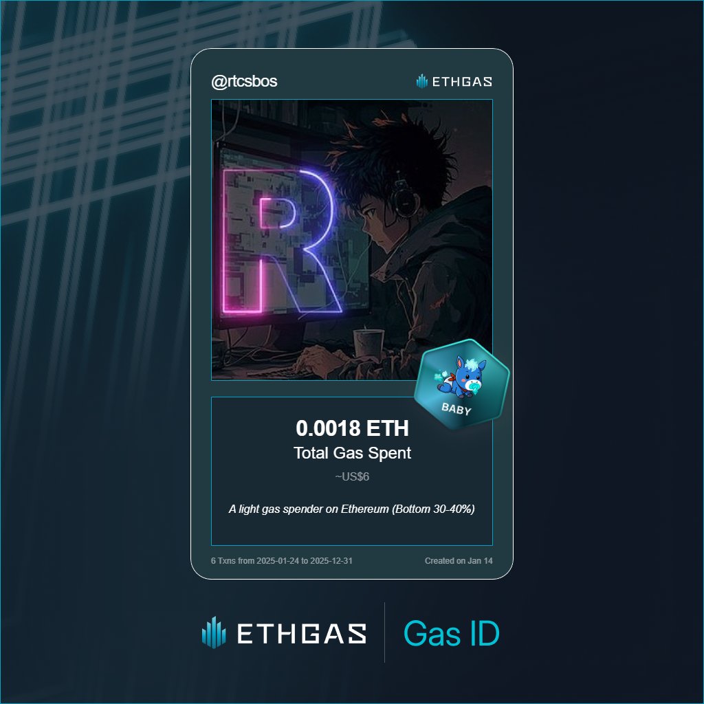 rtcsbos's tweet image. Just unlocked my Gas ID via ETHGas 🪪

I'm a Baby Jack with 0.0018 ETH spent on gas since Beacon Chain - now fueling my climb to the Gasless Future and earned 1 Beans already. 

Reveal yours at ethgas.com/community/gas-…