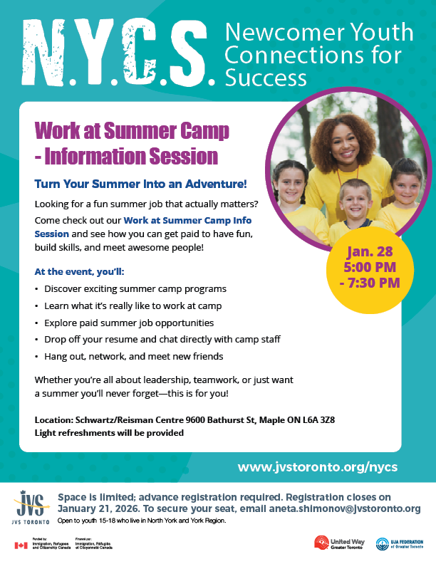 JVSToronto's tweet image. Join our #Work at #SummerCamp info session on Jan 28 at the Schwartz/Reisman Centre. Learn about #paidpositions, hear from current staff, and meet new friends! Register by Jan 21. aneta.shimonov@jvstoronto.org. #SummerJobs #NewcomerYouth #TorontoJobs #GTAJobs #NYCS #JVSToronto