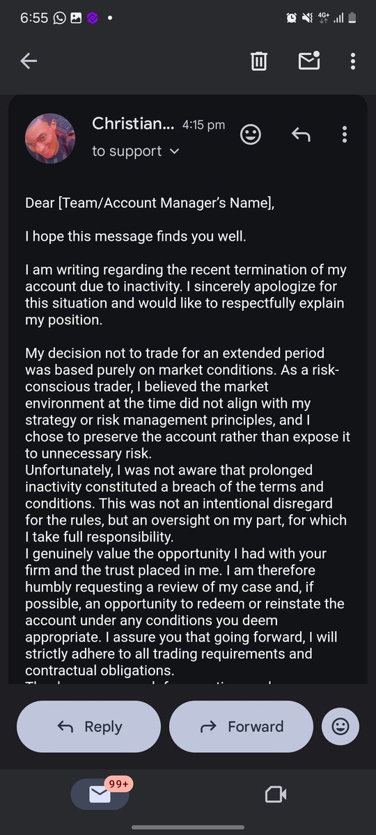 ChristianM47240's tweet photo. Account terminated due to inactivity. Apologies for breaching terms by avoiding trades. Value opportunity with your firm. Request review for reinstatement. Assure full compliance going forward. @avikkfp @Jaix003 @Khldfx @fundingpips https://t.co/u8kOYN5Lpy