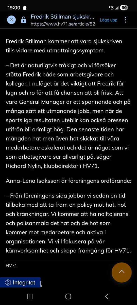 EmilWede's tweet image. Han går in som vikarie för att rädda detta skepp. Folk väler då att terrorisera och hata via mejl, telefon och annat. Man kan kritisera men det finns fan gränser. Vem tror ni vill komma till oss nu? När inte ens en av våra största får ett respektfullt bemötande #HV71