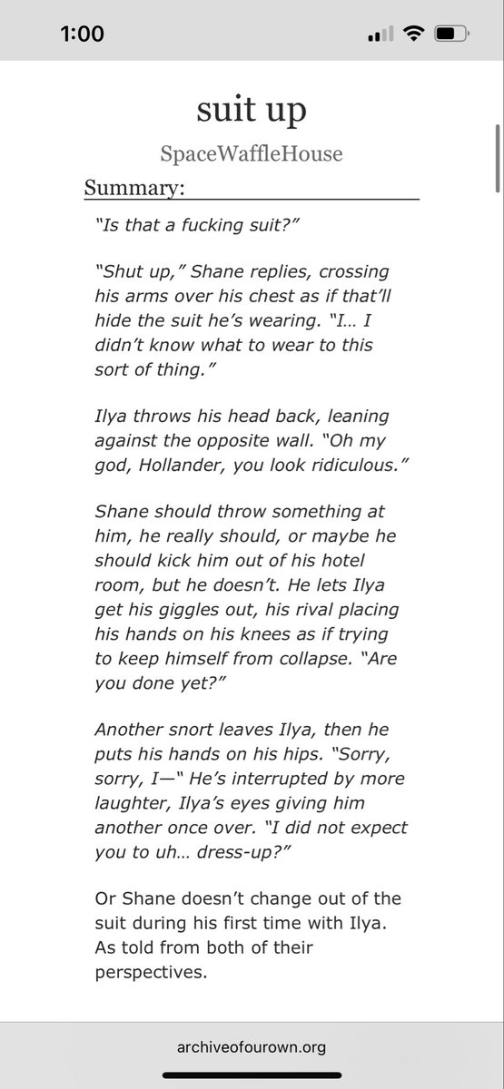 Pretty sure I’m shadow banned but here’s another Hollanov fic:

archiveofourown.org/works/77679376…

In which Shane doesn’t change out of his suit when he hooks up with Ilya for the first time.