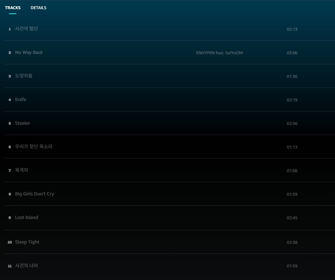 byeol_ice's tweet image. Given-Taken 3:03
Drunk-Dazed 3:13
Tamed-Dashed 3:16
Blessed-Cursed 2:50
Future Perfect 3:00
Bite Me 2:37
Sweet Venom 2:28
XO 3:08
No Doubt 2:47
Bad Desire 2:21
Knife 2:19 

헐 Knife가 역대 가장 짧은 타이틀곡 
배디보다도 짧다