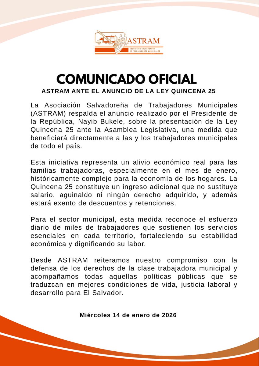 ASTRAMSindical's tweet image. ASTRAM respalda la Ley Quincena 25 anunciada por el Presidente @nayibbukele.

Una medida que beneficiará directamente a las y los trabajadores municipales del país.

Este ingreso adicional, sin descuentos ni afectación a derechos adquiridos, será un alivio real para las familias…