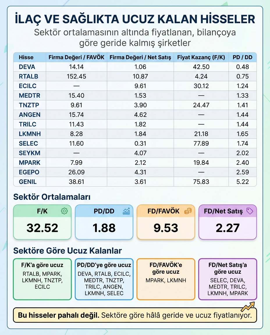 halkaarzrehberi's tweet image. İlaç &amp;amp; sağlıkta bazı hisseler hâlâ sektöre göre bariz ucuz.
F/K, PD/DD ve FD/çarpanları ortalamanın altında kalanlar öne çıkıyor:
#DEVA #RTALB #LKMNH #MPARK #TNZTP #ECILC #TRILC
Piyasa henüz fiyatlamadı.
