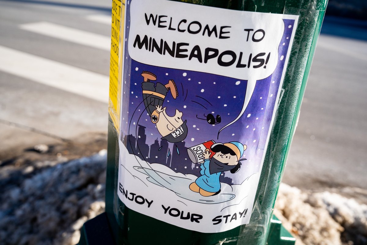 daviss's tweet image. Charlie Brown and Lucy van Pelt, created by Minneapolis cartoonist Charles Schulz, have entered the building.

Flyer seen at Lake Street and Lyndale Avenue in Uptown Minneapolis on January 14th, 2026.