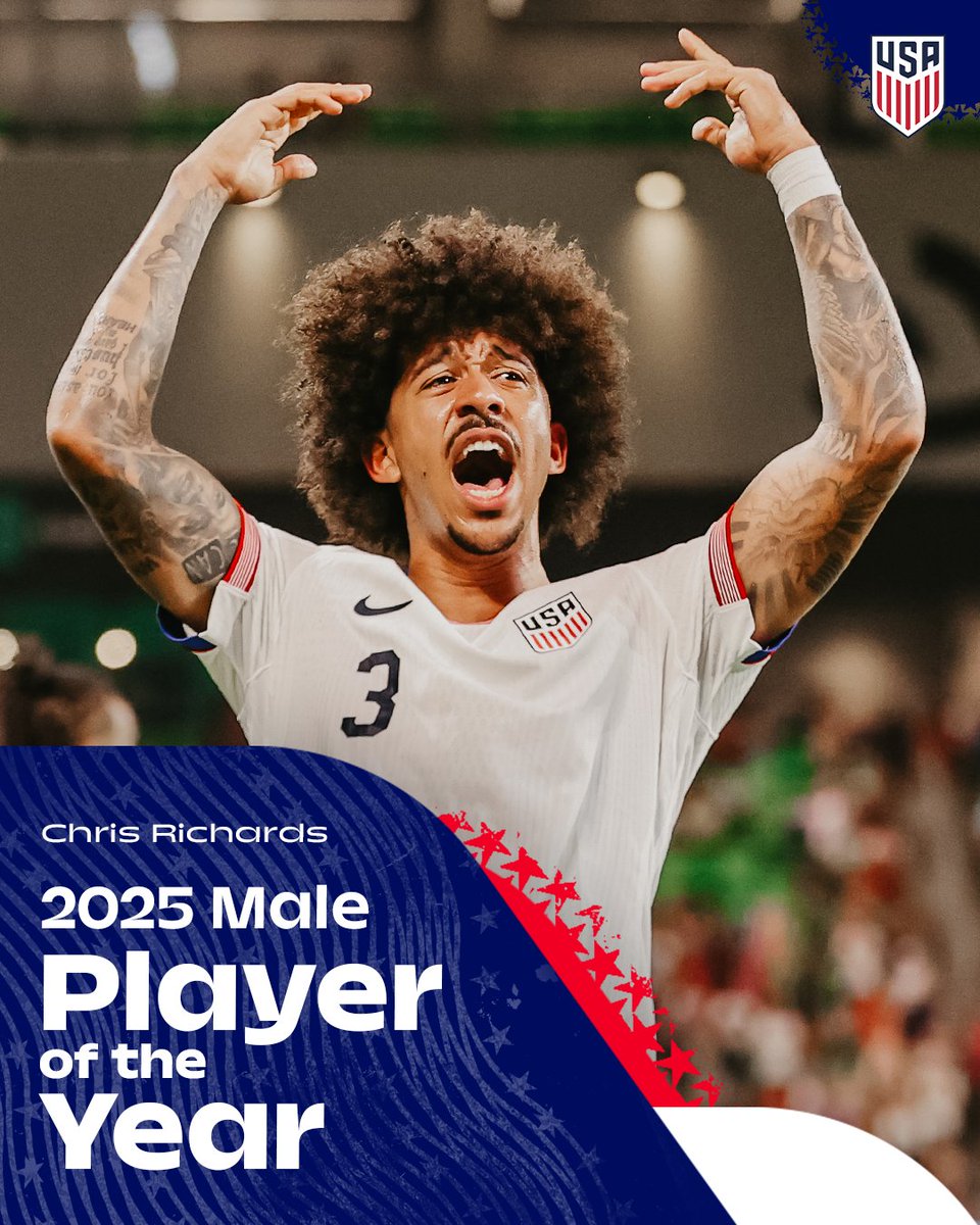 ussoccer's tweet image. Your 2025 U.S. Soccer Male Player of the Year, as voted on by the fans...IT'S CHRIS RICHARDS! 🏆

@USMNT | @eastmamba | @CPFC