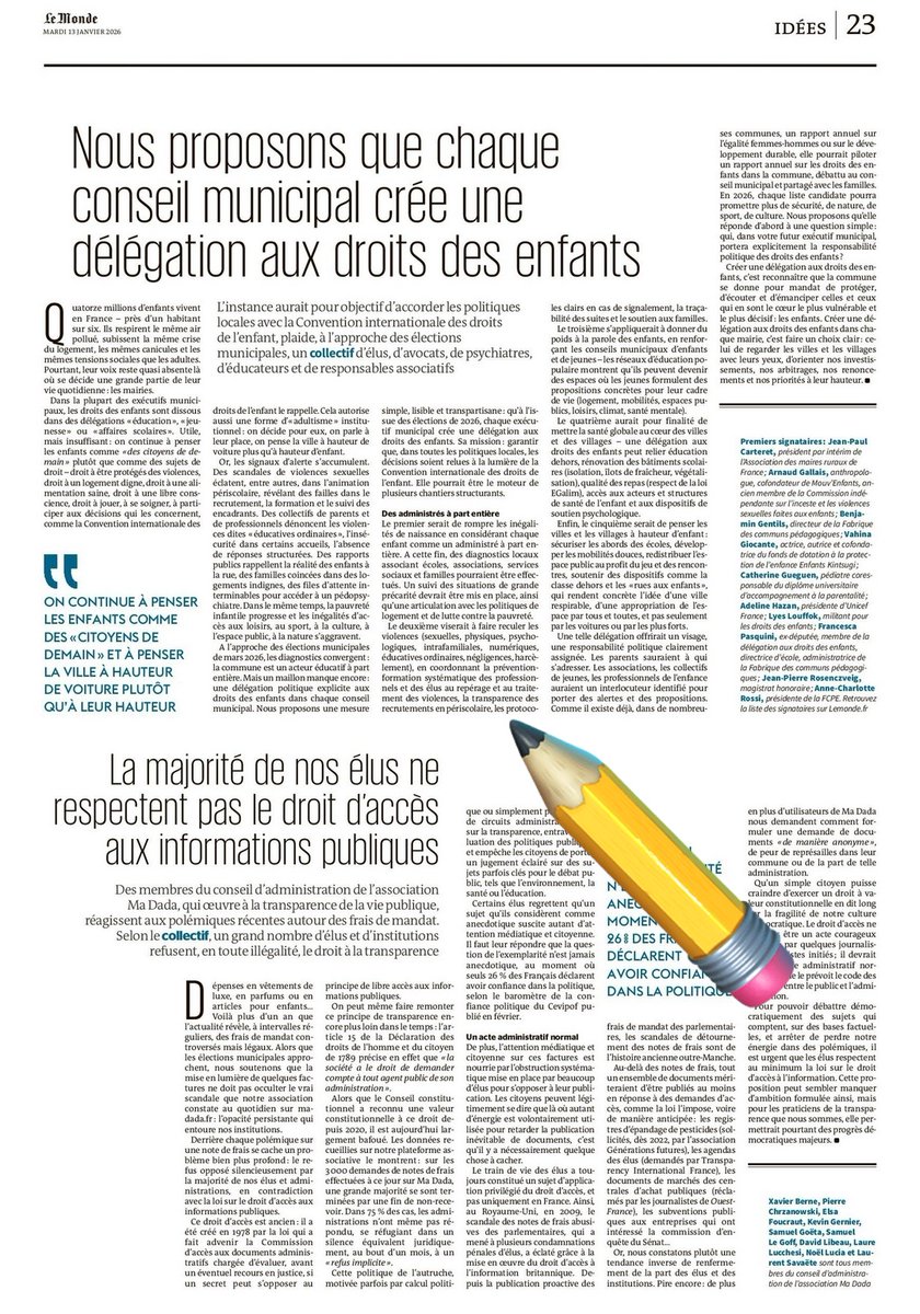 1/ Une tribune publiée dans Le Monde par des organisations nationales appelle à faire des droits des enfants une responsabilité politique explicite dans chaque commune.

Les enfants ne peuvent plus être les grands absents des politiques locales aussi grandioses soient les écoles.
