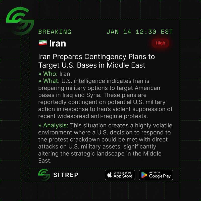 SITREP_artorias's tweet photo. U.S. intelligence indicates Iran is preparing military options to target American bases in Iraq and Syria. These plans are reportedly contingent on potential U.S. military action in response to Iran’s violent suppression of recent widespread anti-regime protests. https://t.co/ME2yrCjIEe