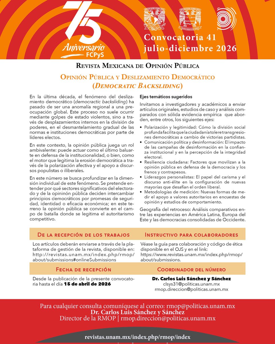 rmop_fcpys's tweet photo. 📣 #Convocatoria abierta | #RMOP 41 📣  

#𝙊𝙥𝙞𝙣𝙞𝙤́𝙣𝙥𝙪́𝙗𝙡𝙞𝙘𝙖 𝙮 𝙙𝙚𝙨𝙡𝙞𝙯𝙖𝙢𝙞𝙚𝙣𝙩𝙤 𝙙𝙚𝙢𝙤𝙘𝙧𝙖́𝙩𝙞𝙘𝙤 (𝘿𝙚𝙢𝙤𝙘𝙧𝙖𝙩𝙞𝙘 𝘽𝙖𝙘𝙠𝙨𝙡𝙞𝙙𝙞𝙣𝙜).

📅 Envía tu artículo antes del 15/04/2026
👉 https://t.co/NqTUQqGxHI

#CallForPapers | #UNAM | #FCPyS https://t.co/8IsBr1Ga7X