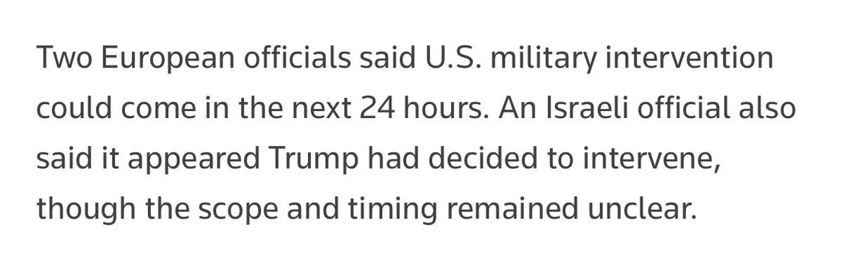 به گزارش رویترز، به گفته دو مقام اروپایی، اقدام نظامی آمریکا علیه جمهوری اسلامی احتمال دارد ظرف ۲۴ ساعت آینده انجام شود. یک مقام اسرائیلی نیز گفت که به نظر می‌رسد پرزیدنت ترامپ تصمیم به مداخله گرفته است، اگرچه دامنه و زمان آن هنوز مشخص نیست.
reuters.com/world/china/de…