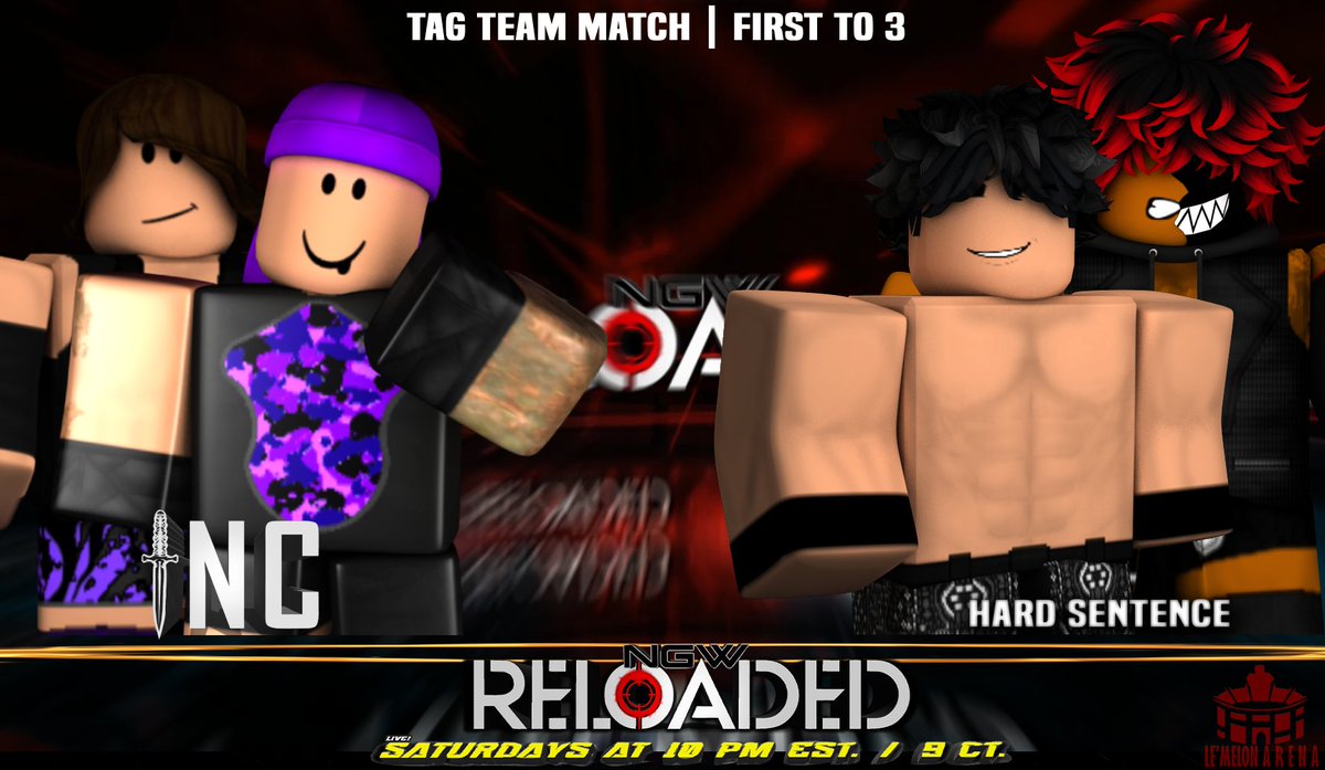 NGWRoblox's tweet photo. 1-17-26 | Following a vicious attack by the CHUDs after their previous matchup, #DaggerINC's @A7Wrestling & @emmanuel_ontop will try and prove themselves worthy to be considered inaugural @NGWRoblox Tag Champs in a match against Trey Godwin & Hayden Brown, #HardSentence! https://t.co/YJ2Rq78QmF
