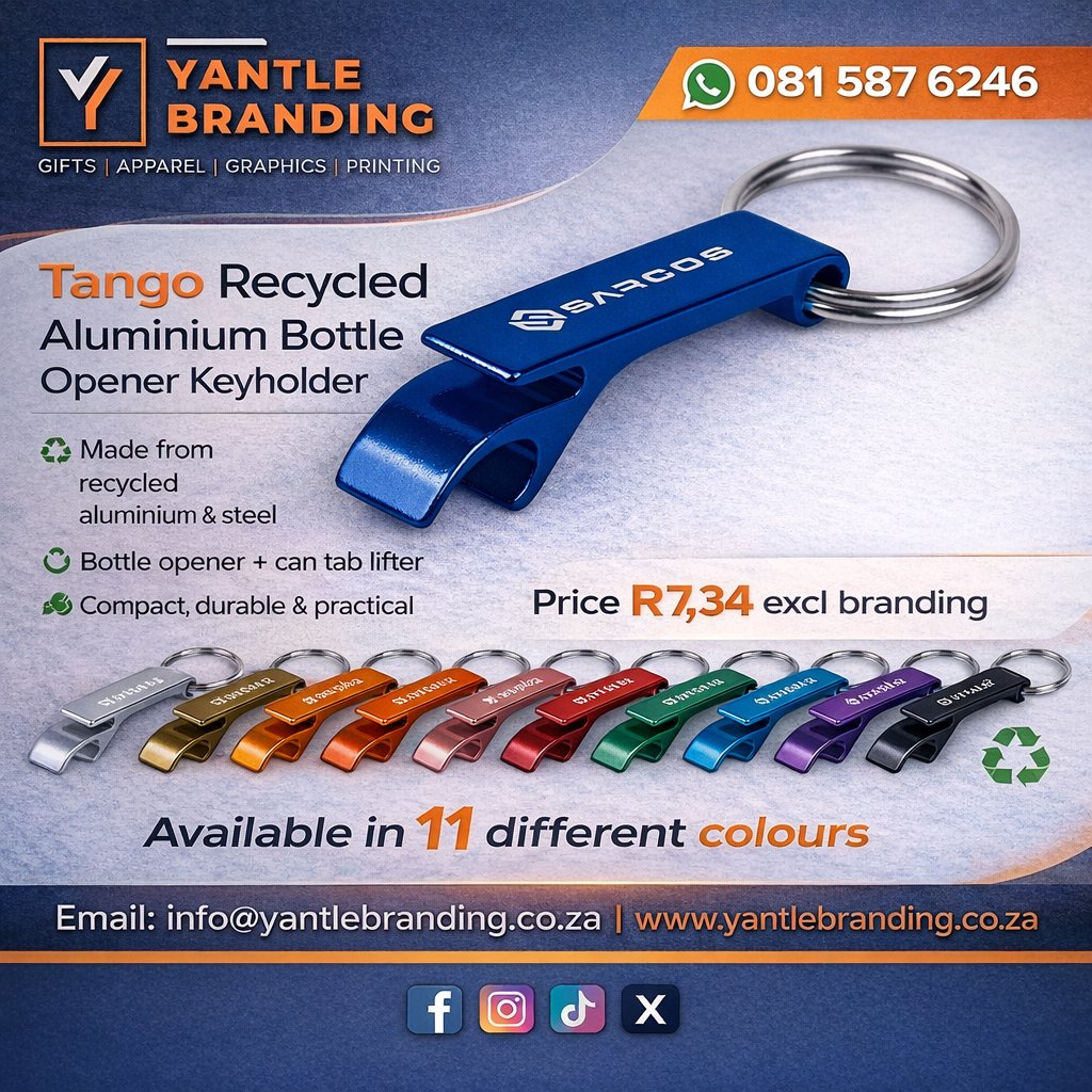 YantleB's tweet photo. Tango Recycled Aluminium Bottle Opener Keyholder is perfect for giveaways, promotions &amp; everyday branding.

📩 info@yantlebranding.co.za
🌐 https://t.co/KlhVHM989E

#PromotionalGifts #EcoFriendlyGifts #RecycledAluminium #BottleOpenerKeyring #CorporateGifts #CustomBranding https://t.co/LiSGt3Qcc8