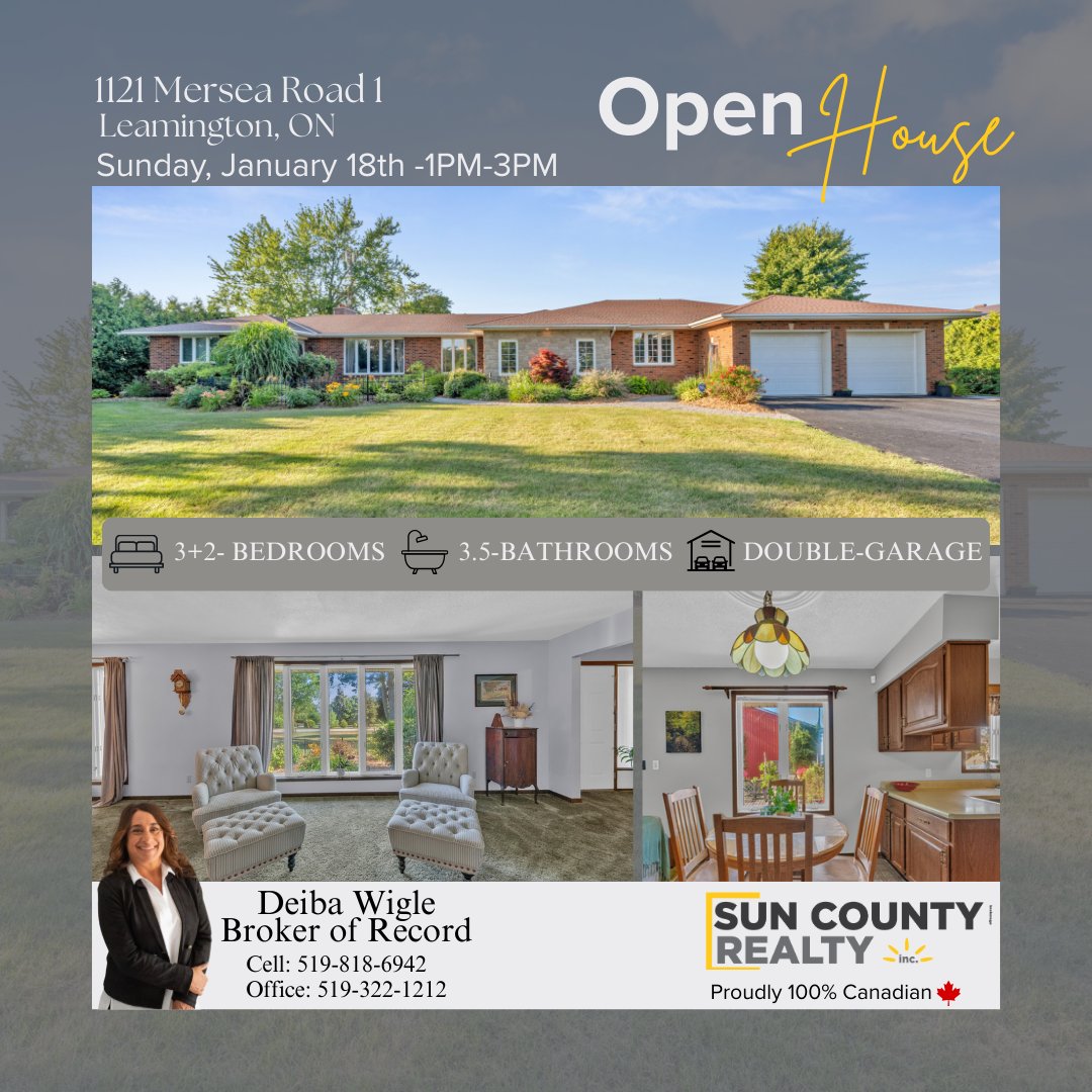 SunCountyRealty's tweet image. 🏡 Open House | 1121 Mersea Rd 1, Leamington 
🗓 Sun Jan 18 | 1–3 PM 3+2 beds • 3.5 baths • Double garage 
Contact:  Deiba Wigle, Broker of Record 
📱 Cell: 519-818-6942
Sun County Realty Inc. Brokerage