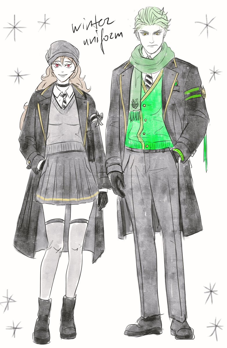 EstCaligo's tweet image. NRCに❄️冬服と☀️夏服みたいな季節ごとの制服バリエーションがあるっていう設定すごく好き✍️
冬は少し長めのジャケットを着てて、ミンクのネックウォーマーとか合わせてそうなイメージ。ベストはカーディガンに変わって、いつもより暖かいレザーグローブとブーツ。