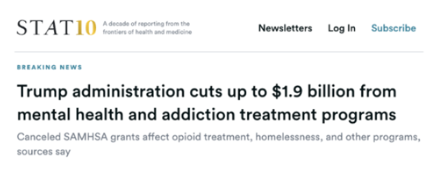 NEWS: Overnight, the Trump Administration cut off $2 billion from our fight against the fentanyl epidemic and to get people mental health care. 
 
Americans are struggling and need help – but the Trump administration is turning their back on them. This is reckless and dangerous.